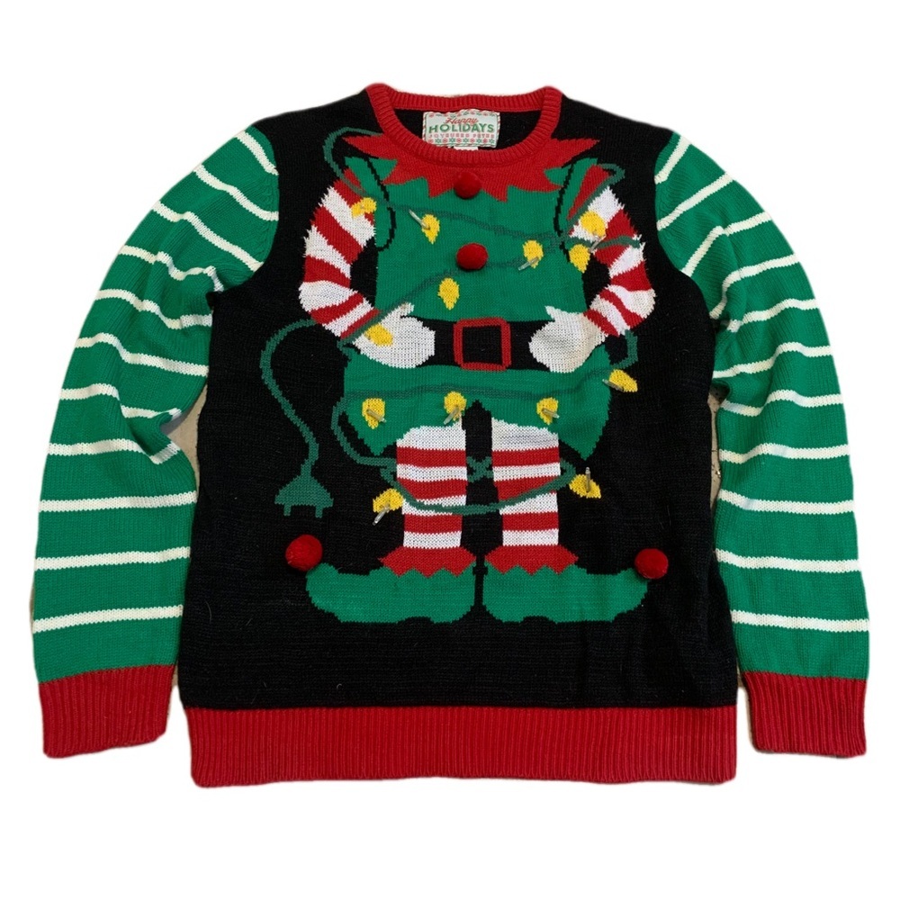 Happy Holidays Light Up Elf Ugly Christmas Sweater, Size L/G